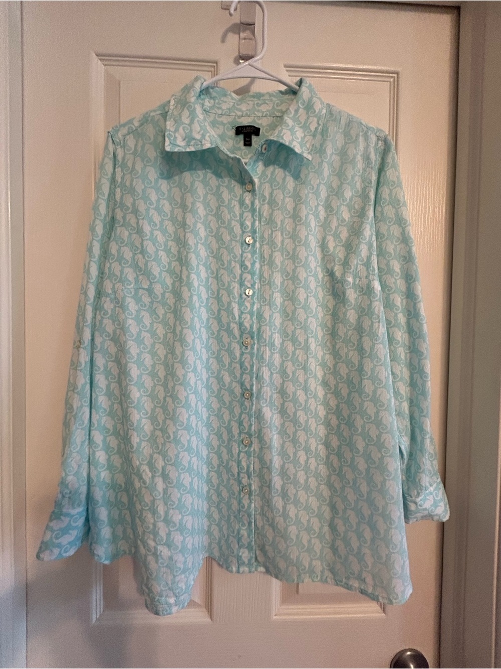 Talbots Light Aqua Seahorse Print Button Front Blouse